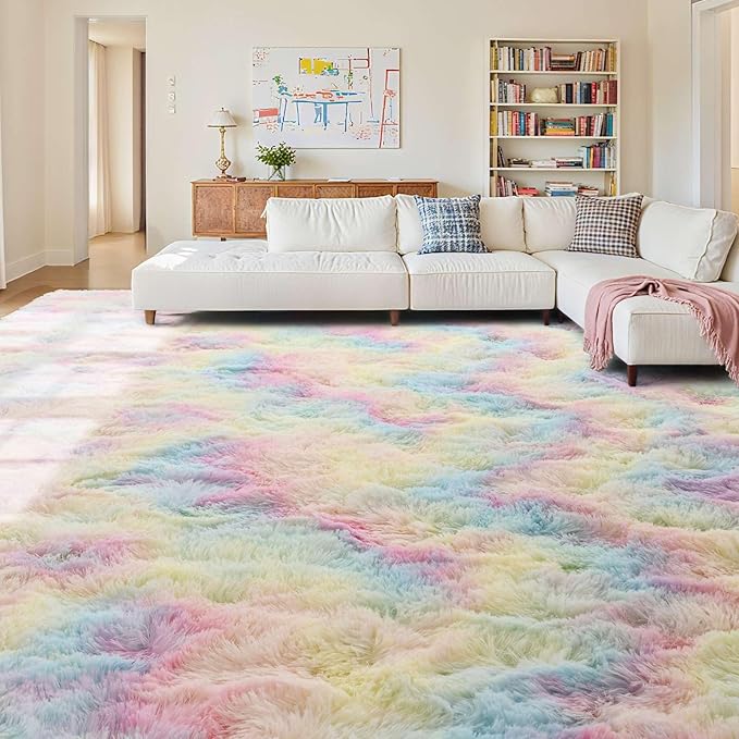 6x9 Ft Large Shag Kids Colorful Rug for Living Room, Ultra Soft Fluffy Furry Area Rugs for Nursery Bedroom Indoor Floor, Girls Aesthetic Carpet Home Decor (Rainbow)