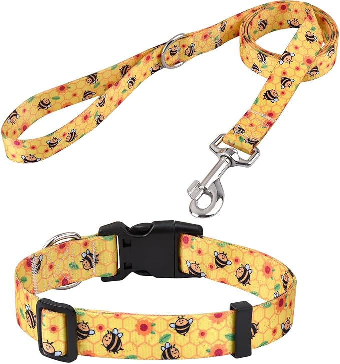 Dog Collar and Leash Set with Bohemia Floral Tribal Geometric Patterns - Soft Ethnic Style Collar Adjustable for Small Medium Large Dogs(Bee Set,L)