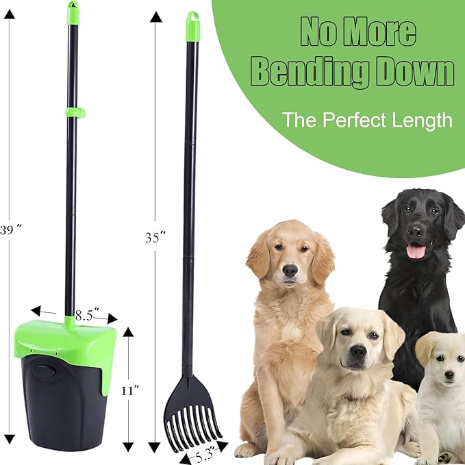Pooper Scooper Large Swivel Bin & Rake with 160 Waste Bags,Heavy Duty Dog Pooper Scooper with Bag Attachment for Dogs, Long Handle Poop Scooper with Lid for Yard, Grass, Gravel(Green)