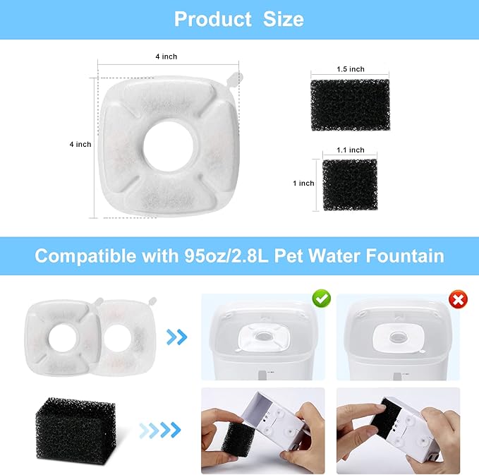 Cat Water Fountain Filters - 16 PCS Replacement Filters & Sponges for 95oz & 67oz Fountain