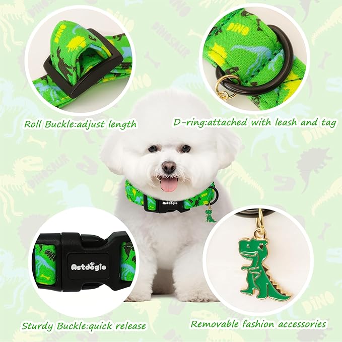 Medium Dog Collars for Male Dogs, Boy Dog Collars with Dinosaur Pattern竊똀djustable Cotton Green Collar for Puppy Dog竊똈deal, Daily Photos & Pet Fashion Accessory