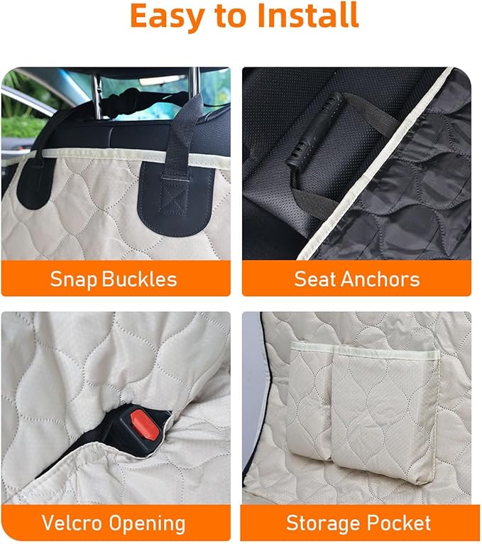 PETICON Dog Car Seat Cover with Mesh Window, 100% Waterproof Pet Seat Cover for Back Seat, Scratchproof Dog Hammock for Cars, Trucks, SUVs, Jeeps, Beige