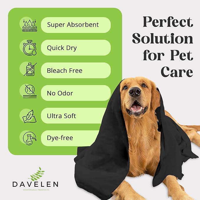 DAVELEN Disposable Pet Towels (50-Pack), Super Absorbent, for Small, Medium, Large Dogs & Cats | Paws, Fur, Body Use | Bleach and Dye Free, Ecofriendly | Towels Size: 31.5" x 15.5" (Black)