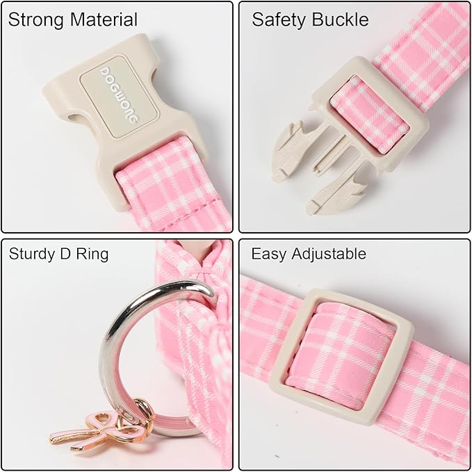 DOGWONG Pink Plaid Collar for Small Medium Large Dogs - Pink Dog Collar for Girl Female Dogs,S
