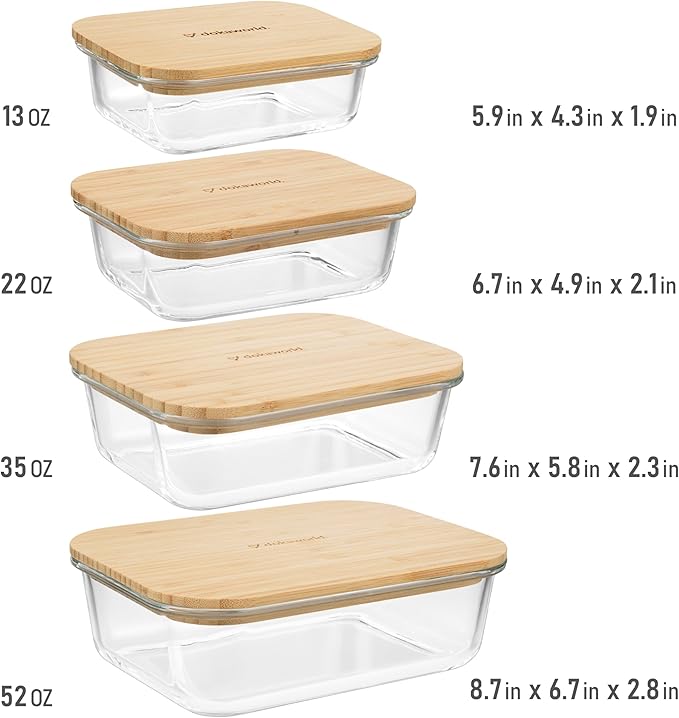 Set of 4 Stackable Space-Saving Nesting Glass Containers with Airtight Bamboo Lids - Lunch, Meal & Food Prep - Microwave & Oven Safe BPA Free Durable Heat Resistant Inert Borosilicate Glass