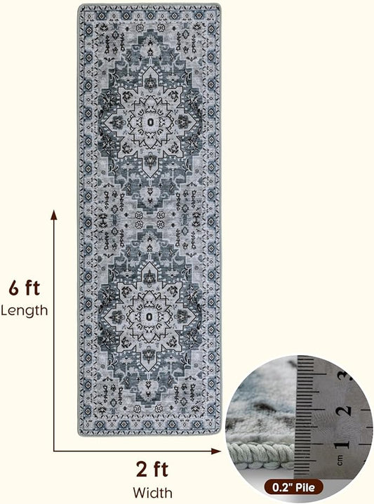 LBRO2M Boho Runner Rug 2X6 Hallway Rug Non Slip Washable Runners for Hallways, Bedroom, Kitchen Laundry Room Pet Friendly Area Rugs (2X6, Dusty Blue)