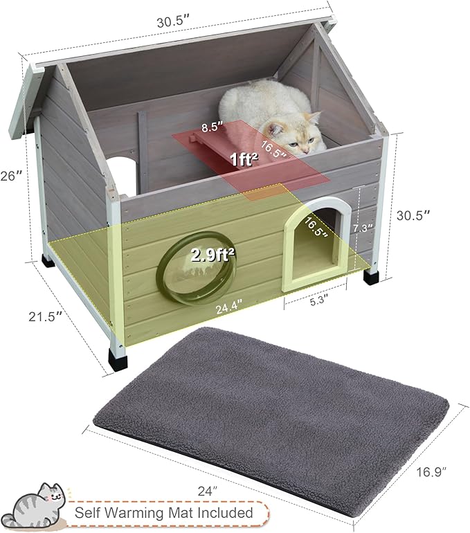 Rockever Outdoor Cat House, Waterproof Feral Cat House for Outdoor Cats with Escape Door and Clear Windows for 2 Cats(with Self Warming Mat)