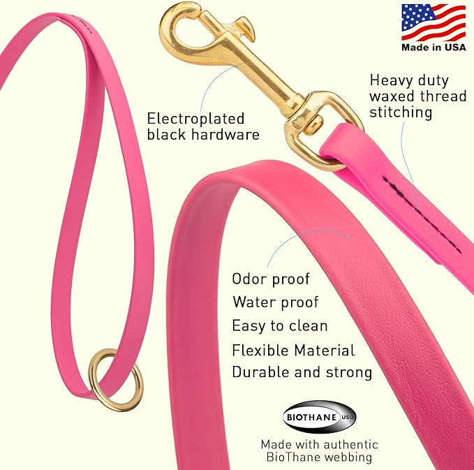 Viper Biothane K9 Working Dog Leash Waterproof Lead for Tracking Training Schutzhund Odor-Proof Long Line with Solid Brass Snap for Puppy Medium and Large Dogs 4ft, Passionfruit Pink