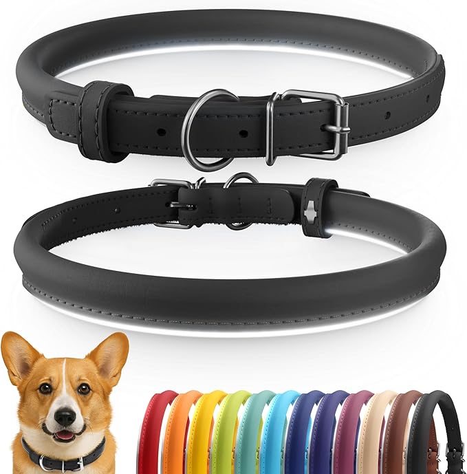 CollarDirect Rolled Leather Dog Collar, Soft Padded Round Puppy Collar, Handmade Genuine Leather Collar Dog Small Large Cat Collars 13 Colors (13-16 Inch, Black Smooth)