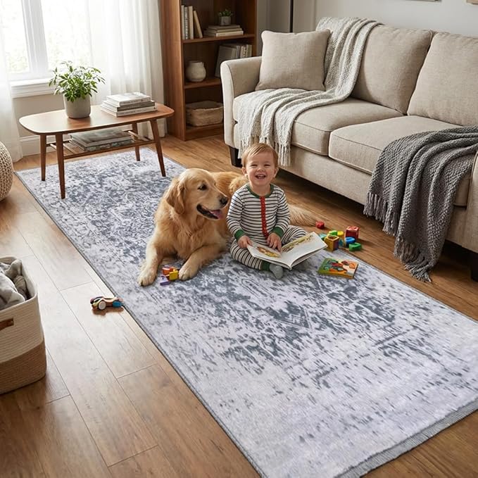 Muddy Mat짰 Frostbell 3ft x 7ft Washable Area Rugs for Living Room, Bedroom & Dining Room ??Modern Soft Low Pile Non Slip Carpet ??Pet Friendly Waterproof Foldable Rugs for Home