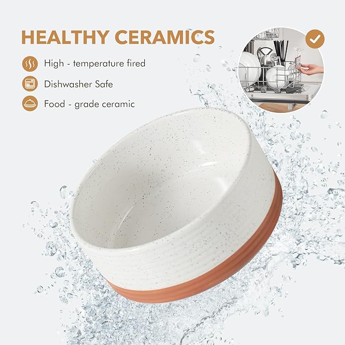 Ceramic 7.3inch Raised Dog Bowl Set, Elevated with Acacia Wood Stand, Food and Water Bowl for Medium Breed Dogs, Weighted Pet Dishes(41oz, Vanilla White)