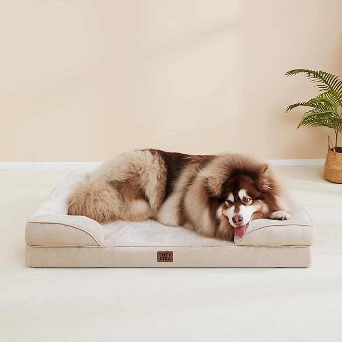 EHEYCIGA Orthopedic Dog Bed for Small Dogs, Waterproof Memory Foam Small Dog Beds with Sides, Non-Slip Bottom and Egg-Crate Foam Medium Pet Couch Bed with Washable Removable Cover, Beige