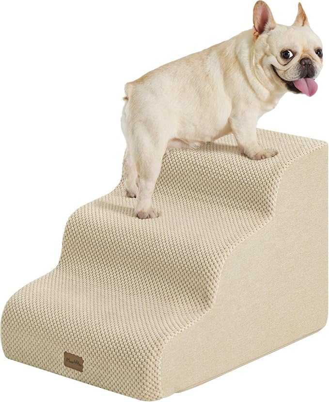 Made4Pets Dog Stairs Ramp for Small Dogs 15.7" H, 3-Step Dog Steps for Bed Couch Sofa and Chair, 35D Foam Pet Steps for Small Dogs and Cats, Non-Slip Bottom Pet Stairs, Beige