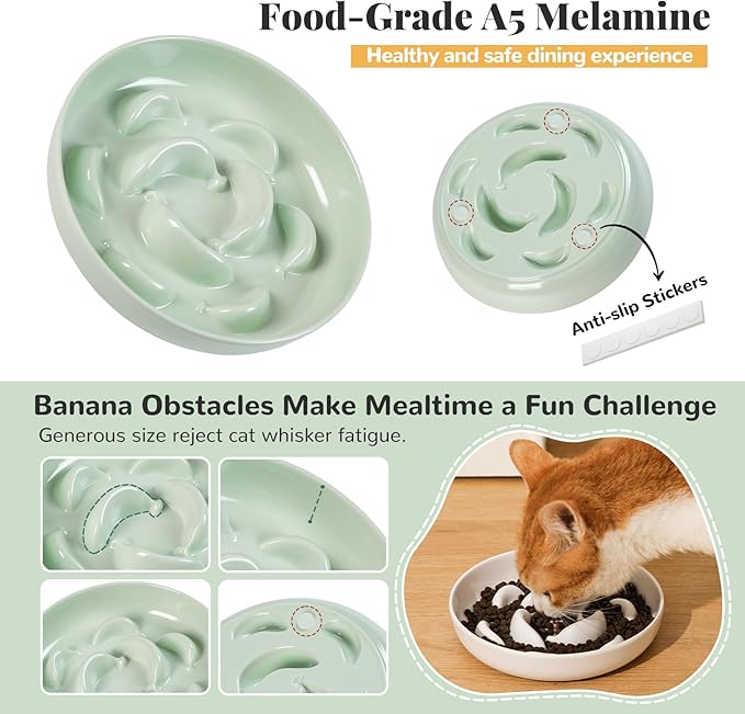 Melamine Slow Feeder Cat Bowls - Set of 3 Cat Food Dishes - Fun Maze Design for Slow Feeding - Dishwasher Safe - White × 3