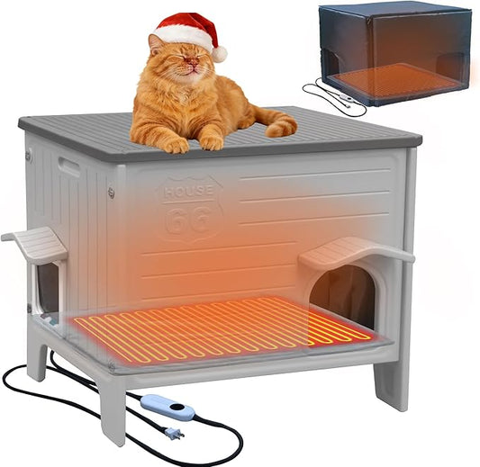 Heated Cat House for Outside with Insulated Liner,Outdoor Cat House Weatherproof,Plastic,Easy to Assemble Easy to Clean