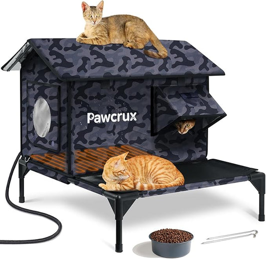 Heated Cat House for Outdoor in Winter, Moisture-Resistant Platform Deck, Waterproof & Insulated, Heated Cat Bed Kitty Shelter Warm Home for Outside Stray Cat