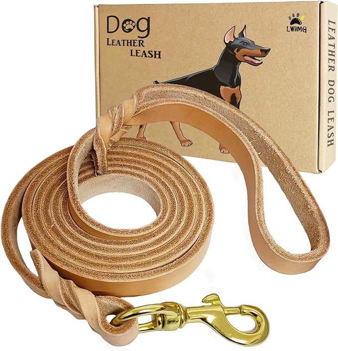 LWBMG Leather Dog Leash - 4ft x 1/2 inch Heavy Duty, Braided, Comfortable for Medium & Small Dogs - Tan
