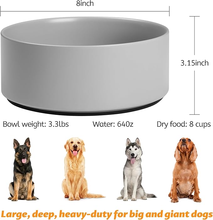 Large Dog Bowls, Non Slip Heavy Ceramic Dog Food and Water Bowl with Silicone Base, 8" Pet Feeding Bowl for Small, Medium, and Big Dogs (Grey, 8 Inches)