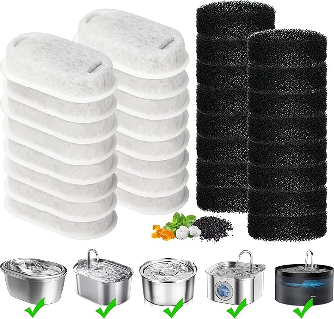 Cat Water Fountain Filter, 32-Pack Filters Replacement for 67oz/2L & 108oz/3.2L Stainless Steel Cat Water Fountain, 4-Layer Filtration Pet Filter (16 Filters & 16 Sponges)