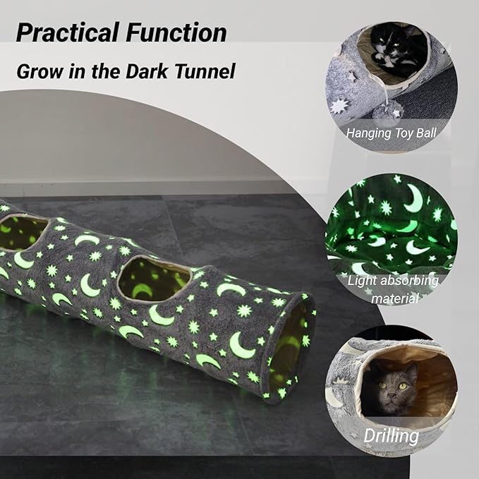 LUCKITTY Cat Tunnel Tube with Plush Ball Toys Collapsible Self-Luminous Photoluminescence, for Small Animals Pets Bunny Rabbits, Kittens, Ferrets,Puppy and Dogs Grey Moon Star
