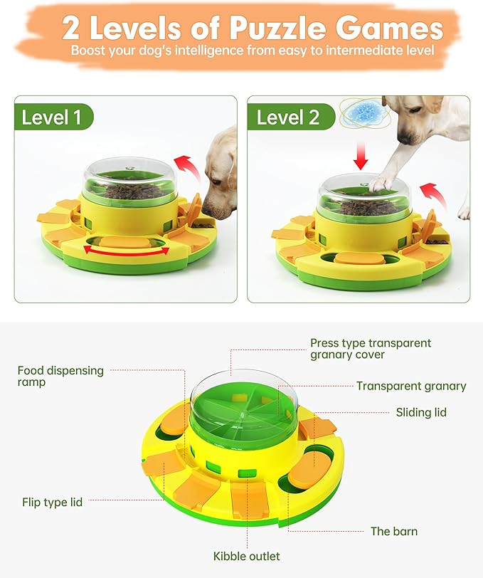 Dog Puzzle Toy Mental Stimulation - Level 2 in 1 Dogs Food Puzzles Toys, Dog Treat Puzzle Feeder (Intermediate-Green Push)