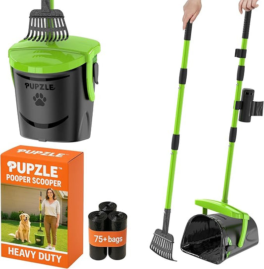Pupzle Dog Pooper Scooper with Bag Attachment, 40" Long Handle Pooper Scooper for Large Dogs, Dog Poop Scoop for Yard, Large Capacity Swivel Bin and Rake, Lavender Scented Bags (Green)