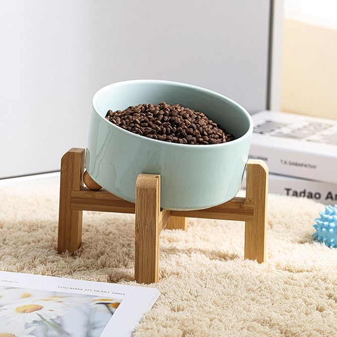 Petygooing Raised/Elevated 15°Slanted Ceramic Dog Bowl for Small Breeds,Tilted Anti Slip Pet Bowl,Food Water Dish with Stand for Cats and Small Dogs Puppy 13.5 OZ (5.1In / 1.7 Cups) Blue Sky