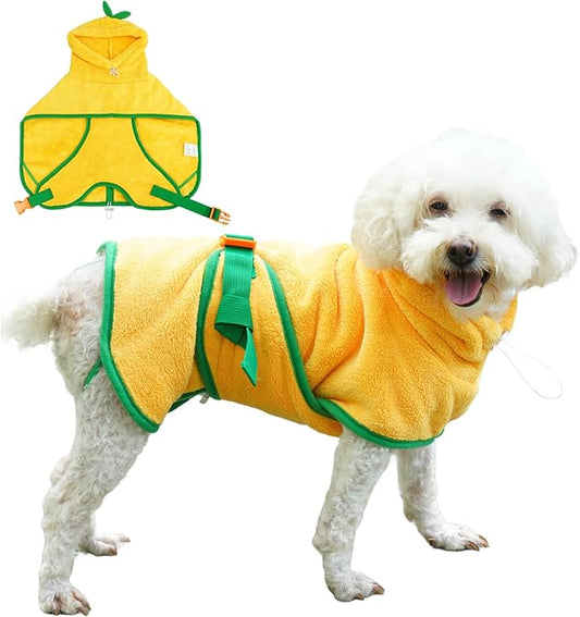 Pet Bathrobe for Dog Cat Absorbently Quick Drying Coat Cute Dogs Bath Towel Hooded Robe Adjustable Collar & Belly Strap for Pool Beach (Yellow, Large)