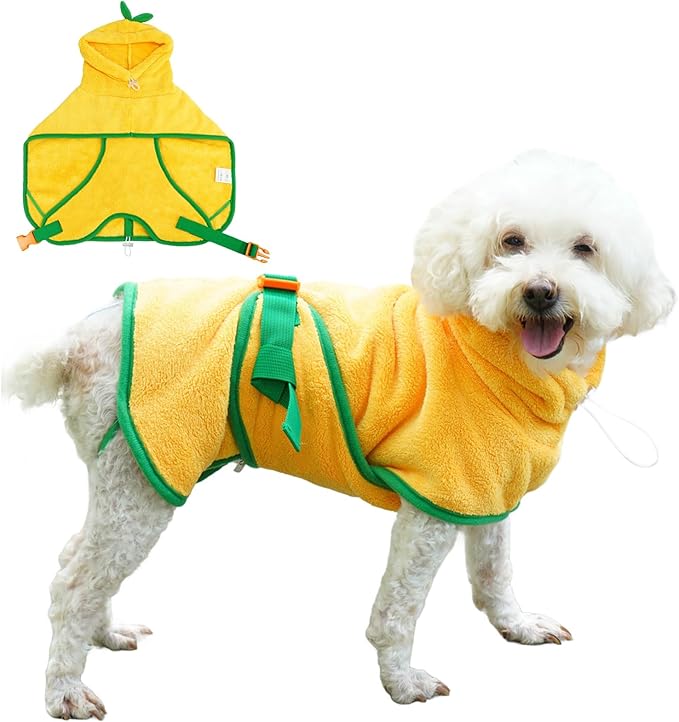 Pet Bathrobe for Dog Cat Absorbently Quick Drying Coat Cute Dogs Bath Towel Hooded Robe Adjustable Collar & Belly Strap for Pool Beach (Yellow, X-Small)