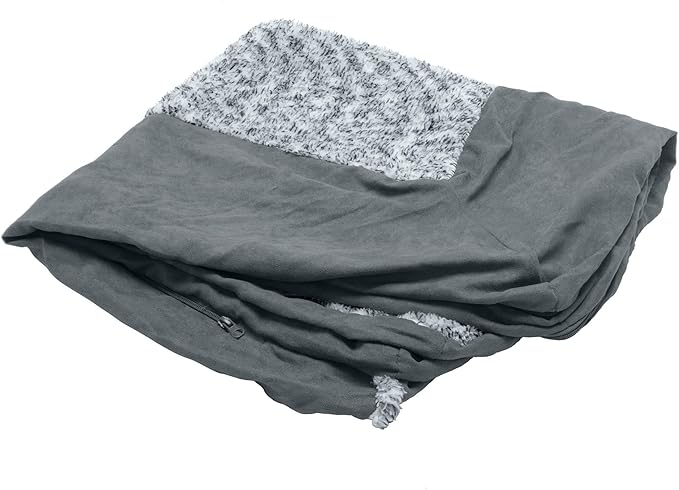 Furhaven Replacement Dog Bed Cover Two-Tone Faux Fur & Suede L Shaped Chaise, Machine Washable - Stone Gray, Medium