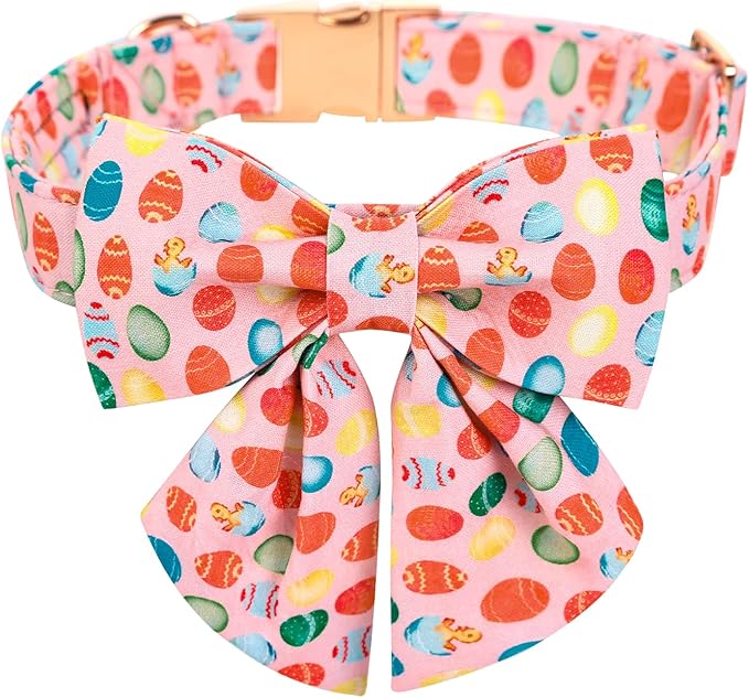 Maca Bates Easter Day Dog Collar with Sailor Bow Tie for Extra Small Girl Boy Dogs, Pink Easter Egg,Chick Pattern,Adjustable Durable Soft Breakaway Collars for Male Female Puppy