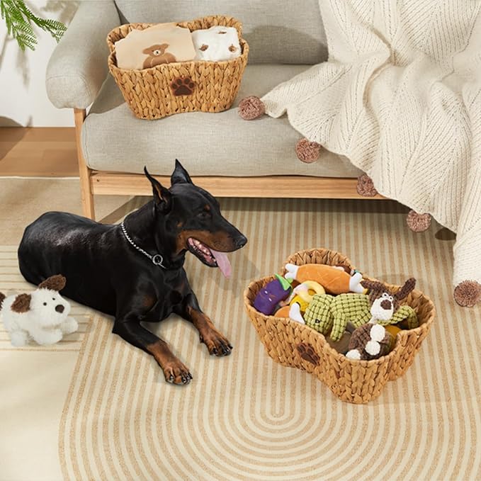 FairyHaus Wicker Dog Toy Basket Organizer, Large Bone Shape Bin with Dog Paw Decor, Natural Water Hyacinth Box for Pet Chew Toys, Blankets, Treats