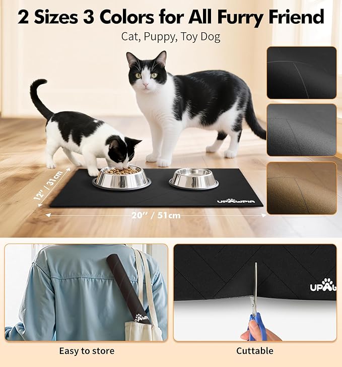 Pet Food Mat Absorbent Cat Food Mat Dog Mat for Food and Water Quick Dry No Stains Dog Feeding Mat Placemat for Messy Drinkers Cat Food Mats for Indoor Cats Bowl Mat Pet Supplies 12"X20" Black