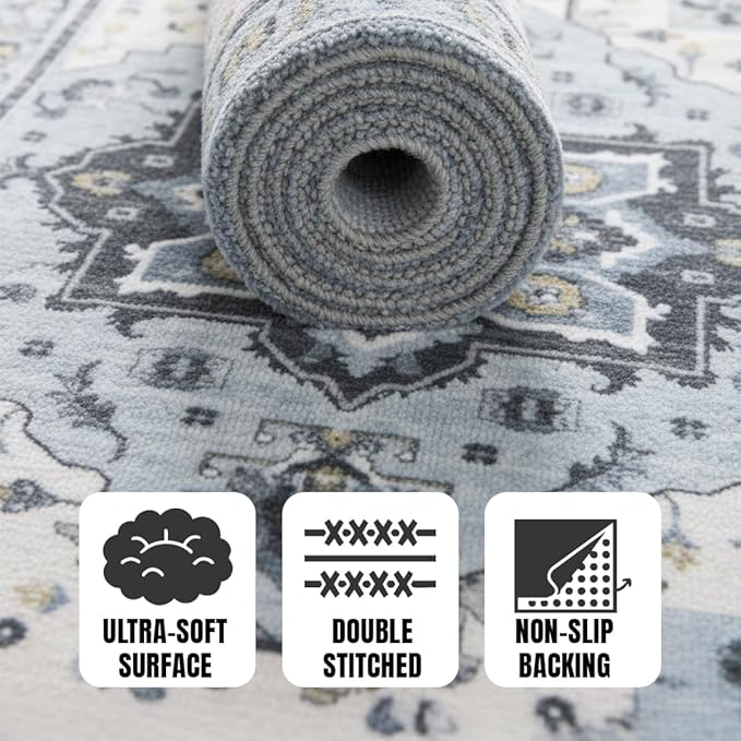 Muddy Mat짰 Azure 2ft x 7ft Washable Area Rugs for Living Room, Bedroom & Dining Room ??Modern Soft Low Pile Non Slip Carpet ??Pet Friendly Waterproof Foldable Rugs for Home