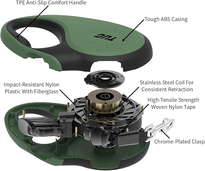 TUG 360° Tangle-Free Retractable Dog Leash with Anti-Slip Handle | 16 ft Strong Nylon Tape | One-Handed Brake, Pause, Lock (Small, Green)