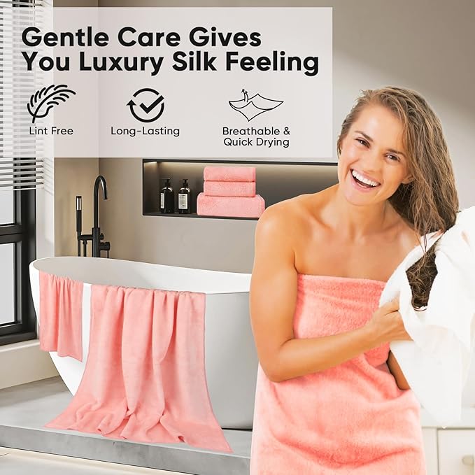 Orighty 6-Piece Towel Set - Soft & Lightweight - 2 Bath Towels, 2 Hand Towels, and 2 Wash Cloths - Absorbent & Quick Drying Microfiber Towel for Multipurpose, Bathroom, Gym, Sport, Yoga, Travel - Pink