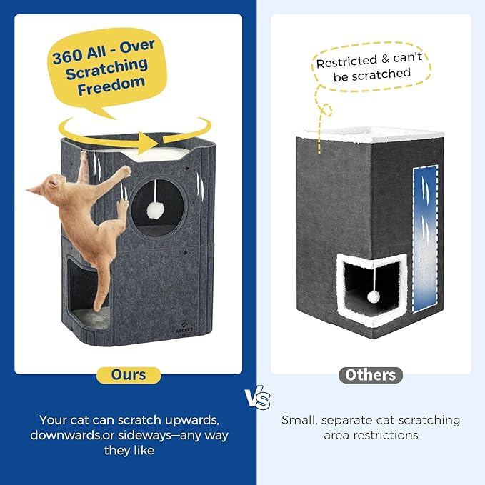 Cat House for Indoor Cats, 2-Storey Cat Bed Cave, Felt Cat Hideaway Condo with Resistant Scratching Freedom Kitten Cube for Multicats Dark Grey
