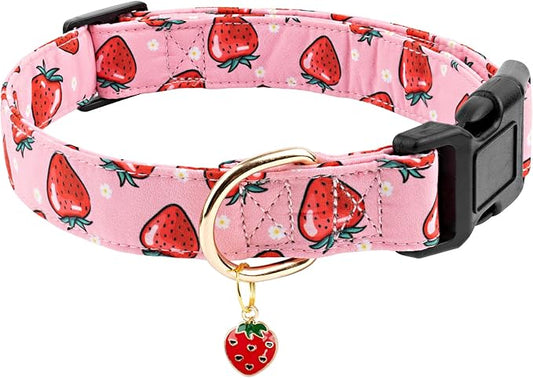 Faygarsle Pink Strawberry Pattern Cotton Dog Collar for Small, Medium, Large Boys Girls Dogs L