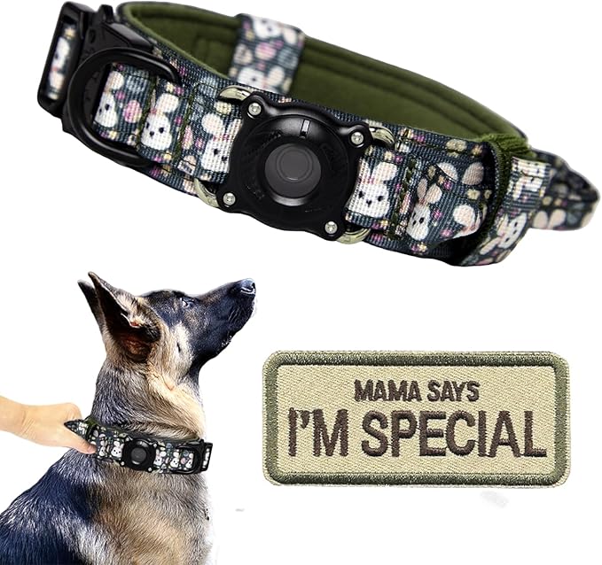 Xqpetlihai Upgraded AirTag Dog Collar Waterproof Tactical Dog Collar with AirTag Holder Heavy Duty Dog Collars for Large Dogs (Rabbit，M