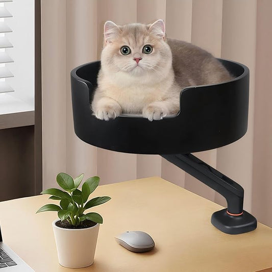 Cat Desk Bed,Solid Wood Cat Bed,360°Rotating Perch，Mat Machine Washable,14.7" Round Pet Bed Space-Saving Design for Office/Home