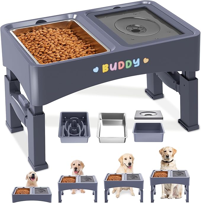 Decflow 3-in-1 Elevated Dog Bowls, 4 Height Adjustable Raised Dog Bowl with Stainless Steel Food Bowl, Slow Feeder, No Spill Water Bowls for Medium Large Dogs