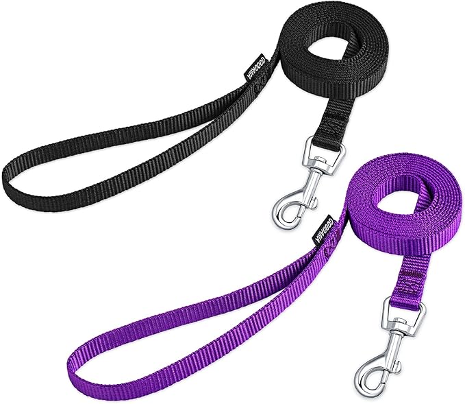 AMAGOOD 6 FT Puppy/Dog Leash, Strong and Durable Traditional Style Leash with Easy to Use Collar Hook, Great for Small, Medium and Large Dogs (5/8 in x 6 ft, Black and Purple 2-Pack)