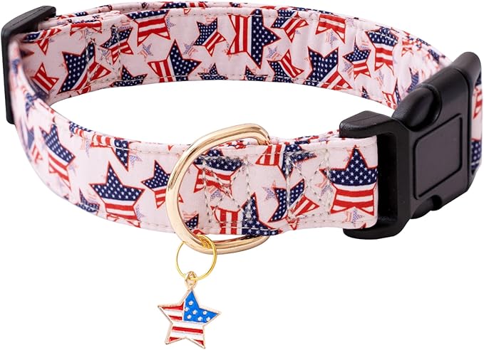 Faygarsle Cotton Dogs Collar Cute 4th of July Independence Day Dog Collars Pink Blue American Flag Star Patterns Dog Collarfor Girl Female Boy Male Small Medium Large Dogs XS