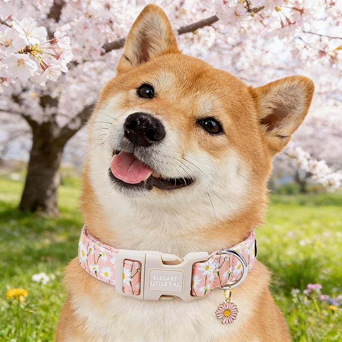Elegant little tail Dog Collar, Pink Daisy Print Spring Soft Cotton Puppy Collars Adorable Female Pet Gift Lightweight Plastic Adjustable Dog Collar for Large Dogs