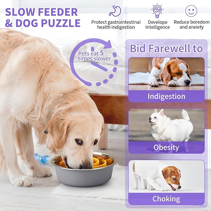 Slow Feeder Dog Bowls Insert, Animire Soft Silicone Slow Eating Dog Food Bowl for Small, Medium and Large Dogs, Compatible with Regular and Elevated Bowls