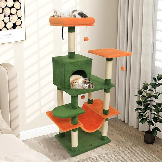 PETSITE Multi-Level Cat Tree, 58 Inches Tall with Sisal Scratching Posts, Condo, Hammock, Dangling Balls, Jumping Platforms, and Cozy Top Perch, Ideal for Indoor Cats to Play and Rest (Green)