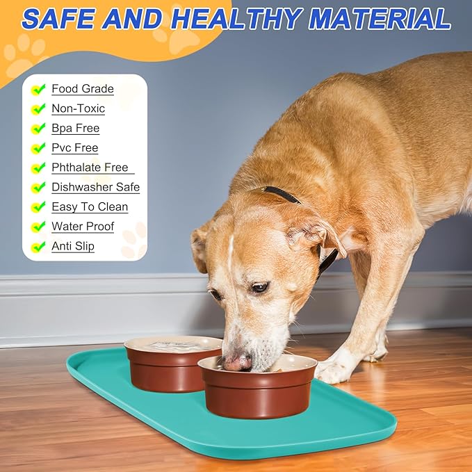 Silicone Pet Feeding Mat with Raised Edge for Food and Water, Dog Bowl Mats, Cat Bowls Placemat with High Lip for Floor Waterproof, Rubber Tray for Cats and Dogs 24 x 16 x0.8 Dark Turquoise