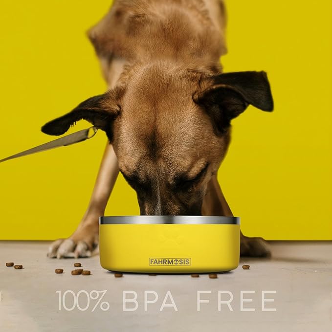 64 OZ Dog Bowl with Slow Feeder Insert Stainless Steel Pet Water Bowl for Medium & Large Breed Non Slip Rubber Base & Plastic Puzzle Feeder - Yellow