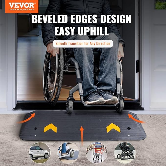 VEVOR 2" Rise Threshold Ramp Doorway, Recycled Rubber Power Wheelchair Ramp 3.64 Feet Long, 33069Lbs Load Capacity, Non-Slip Surface Rubber Solid Threshold Ramp for Wheelchair and Scooter