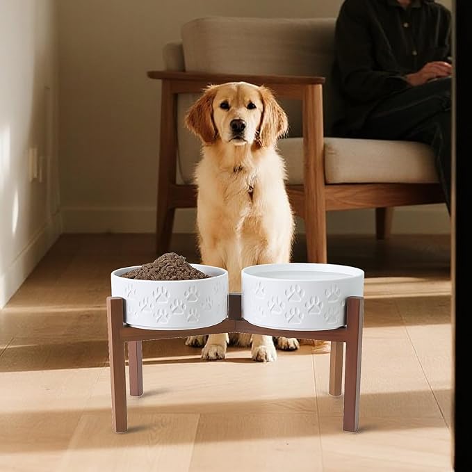 SPUNKYJUNKY Ceramic Elevated Dog Bowl Set with Acacia Wood Stand for Food and Water for Large Dogs (60.87 OZ, White, Dog Paw Pattern)